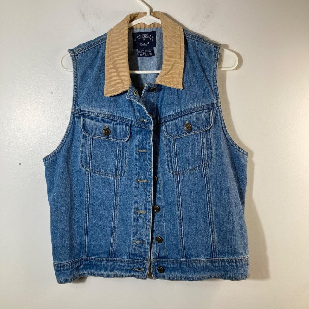 Womens Vintage Solutions Denim Vest Corduroy Collar M Blue Tan Button
